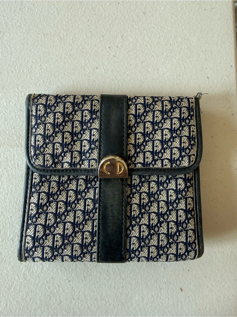 Vintage Dior Navy and Cream Monogram Compact Wallet with CD Clasp